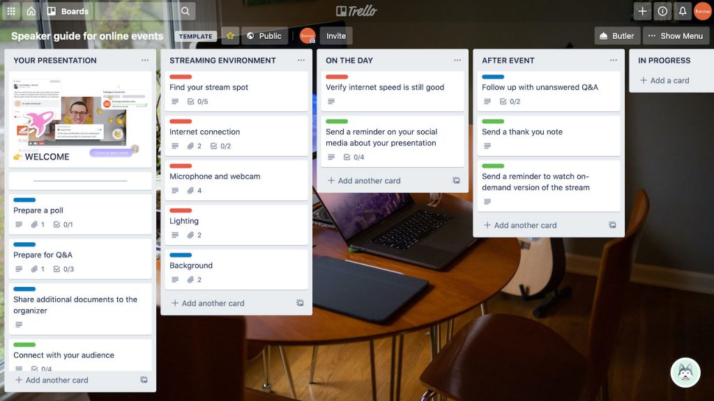 Trello board with a checklist for preparing for virtual events